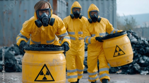Workers in hazmat suits disposing radioactive waste