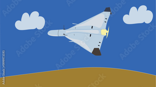 Unmanned aerial vehicle flying in blue sky above land, modern drone technology.