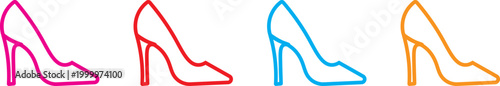 Women's high heels shoe silhouette outline vector black and read, Yellow,Pink, icon isolated illustration. High Heel Shoe Icon Set – Elegant Women Stiletto Pumps in Outline, Solid and Silhouette Style