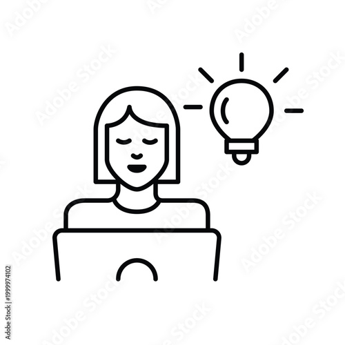 Woman working at laptop and light bulb. Innovation and creative thinking in learning and remote job. Pixel perfect, editable stroke vector icon