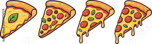 Pizza slice set with cheese pepperoni toppings and melting cheese vector illustration.