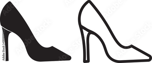 Women's high heels shoe silhouette outline vector black and read, Yellow,Pink, icon isolated illustration. High Heel Shoe Icon Set – Elegant Women Stiletto Pumps in Outline, Solid and Silhouette Style