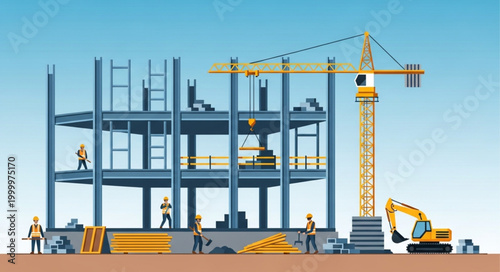 Construction Site With Crane And Workers Building Structure.