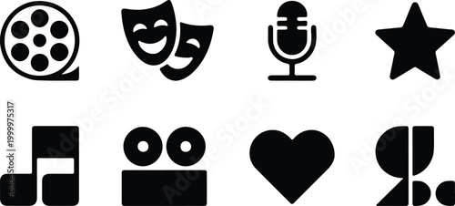 Bild auf Leinwand Collection of black flat icons representing film theater music and other concept