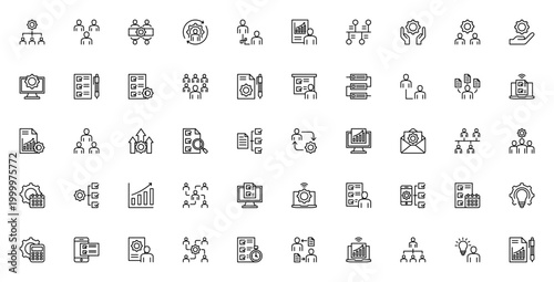 Project management icon set. Business vector icon pack. Minimalist line icons. Featuring organization structure, staff, meeting, cycle, report, timeline, workflow, leadership, brainstorming and more.