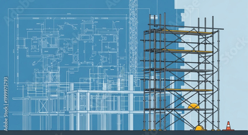 Construction site with blueprint overlay and scaffolding tower.