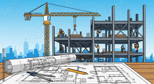Construction site with blueprints and crane.