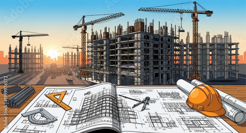 Construction site with blueprints and cranes at sunset.