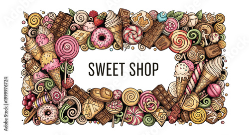 Large frame filled with colorful hand-drawn doodles of various sweets, ice cream, and chocolates surrounding a central sweet shop text.