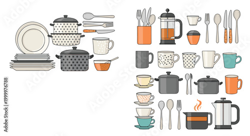 Set of kitchenware and dining icons including pots, pans, plates, cups, and various utensils in a clean and modern flat design style.