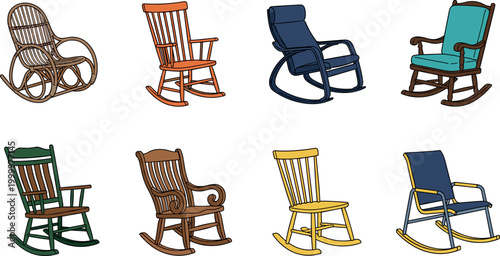 Rocking chair collection with wooden and modern styles furniture vector illustration.