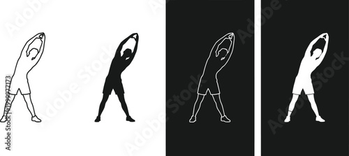 Minimalist figures performing side bend exercise in black and white with cool down
