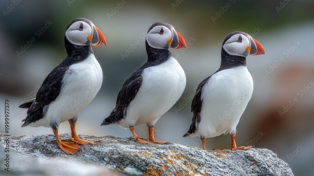 Fototapeta premium puffin, seabird, bird, wildlife, nature, ocean, coast, coastal, rock, cliff, marine, habitat, atlantic, arctic, fratercula, arctica, beak, colorful, plumage, black, white, orange, trio, group, standin