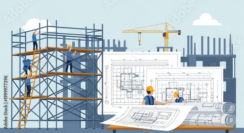 Construction site with blueprints and workers.