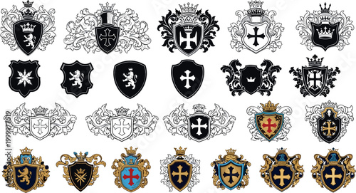 Heraldic Coat of Arms and Shield Icon Set with Lions, Crowns, and Crosses for Royalty, History, and Medieval Designs