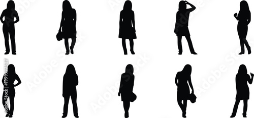 Ten black minimal silhouettes of women in various elegant standing poses