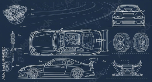 Detailed Blueprint of a Sports Car and Engine Components.