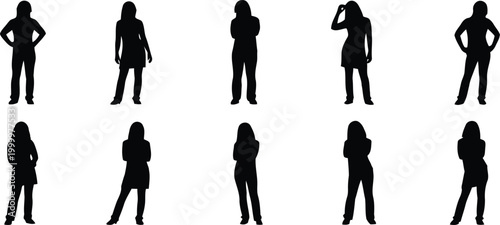Set of ten black silhouette women in dynamic standing poses on white background