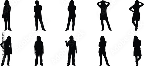 Set of ten black simple silhouettes of women in various elegant standing poses