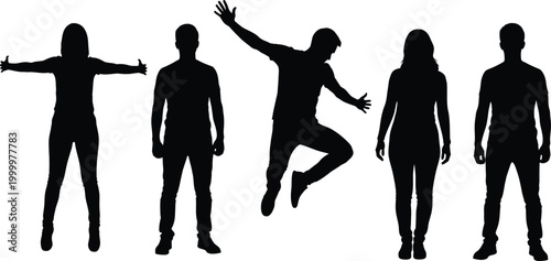 Five diverse people black silhouettes in various active and standing poses