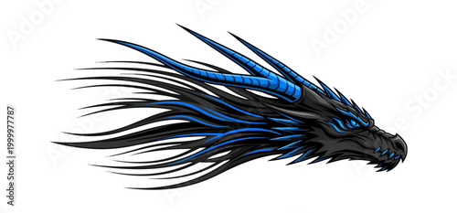 Dragon head graphic with black and blue details on black background