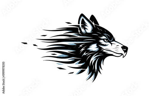 Stylized wolf head illustration against dark background