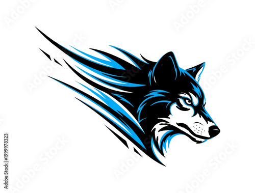 Stylized wolf head silhouette with dynamic blue streaks on black background