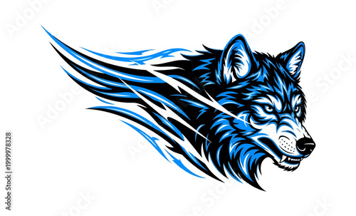 Stylized wolf head with blue and white glowing details on black background