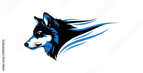 Stylized wolf illustration on black background with blue accents