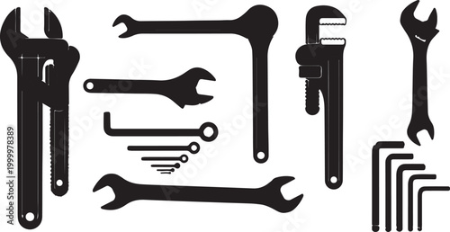 Black hand tool icons set, construction hardware equipment collection, 8 vector silhouettes for carpentry and home repair projects