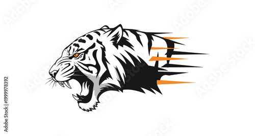 White tiger head with orange accents on black background