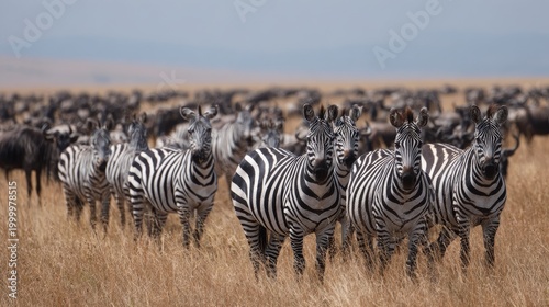 zebras standing among large wildebeest herd on african savanna, natural wildlife migration scene with striped animals grazing together in open grassland under warm sunlight