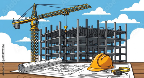 Construction site with crane and building framework blueprints and hard hat.