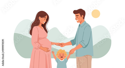 Happy pregnant mother, father, and child celebrating future family in a serene landscape illustration