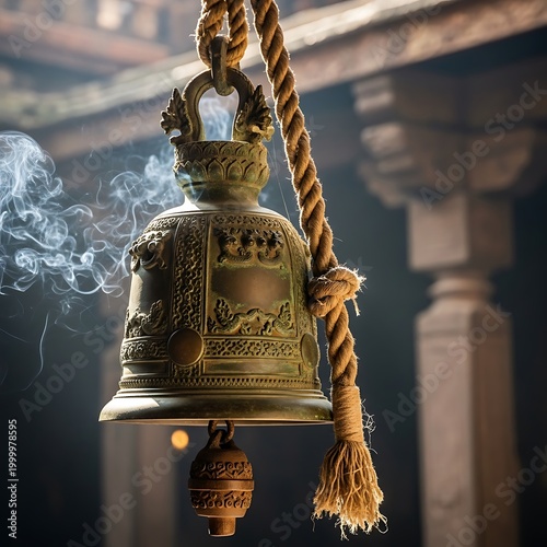 Ornate bronze temple bell hangs suspended by thick natural fiber rope emitting ethereal wisps of smoke