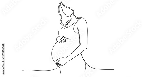 Minimalist single line drawing of a pregnant woman cradling her belly, embodying anticipation and new life
