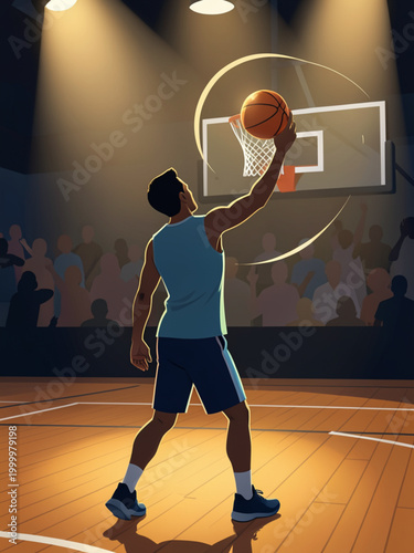 Basketball player dunking on a dark court