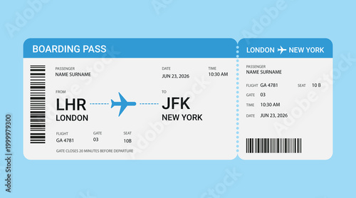 Boarding Pass Template. Flat Vector Airline Ticket in Blue	
