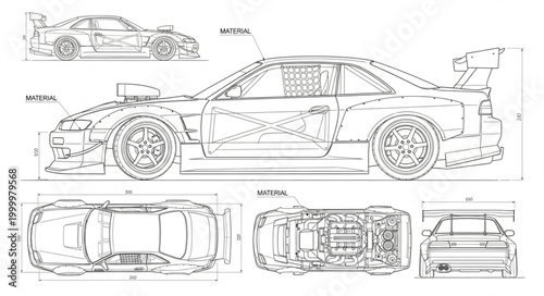 Detailed technical drawing of a sports car blueprint.