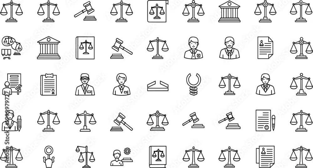 Fototapeta premium Justice and law thin line icons set with scales gavel courthouse and legal symbols editable stroke vector