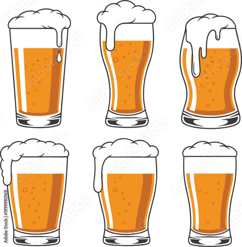 Beer glasses collection with different shapes and foam styles, hand drawn vector illustration featuring lager drinks, bubbles and draft beverage set isolated