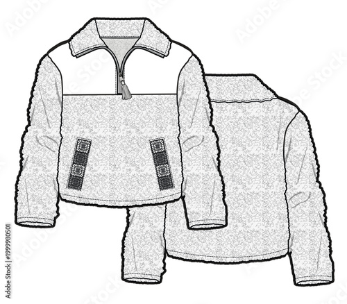 Tableau sur toile Kids sherpa jacket front and back view flat drawing vector mockup template
