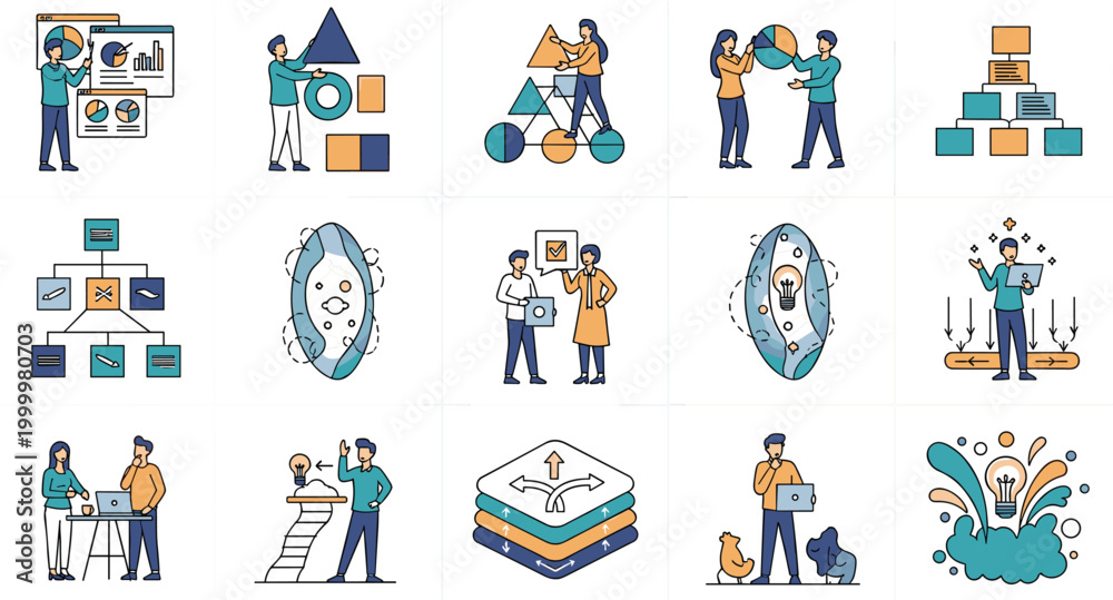 Fototapeta premium Business process and teamwork icons set with workflow, analytics, startup and collaboration concepts, flat vector illustration featuring corporate activities and management elements