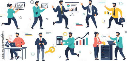 Business people characters set with office activities, flat vector illustration featuring managers analysts and employees working with charts data finance and teamwork