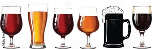 Beer glass collection with various styles including goblet pint and mug, hand drawn vector illustration featuring dark amber and light lager drinks