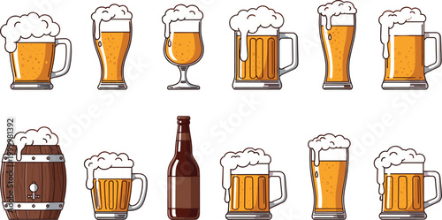 Beer glasses bottles and barrel collection with different styles, hand drawn vector illustration featuring lager mugs pints and brewery drink icons set