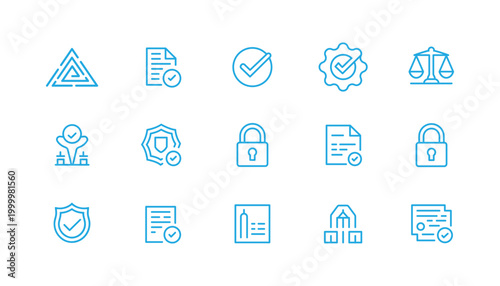 Blue Office Security Icons Set – File, Lock and Settings Symbols