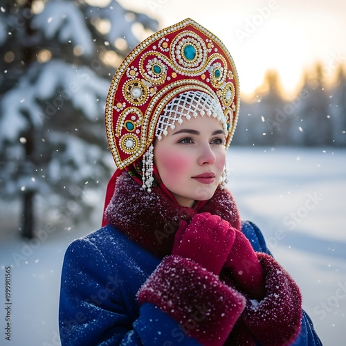 Young woman wears elaborate traditional headdress outdoors during snowfall in winter landscape