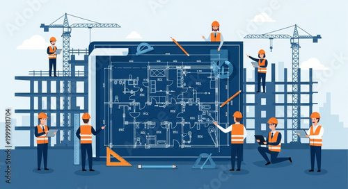 Construction workers collaborating on building blueprint with cranes and structures.