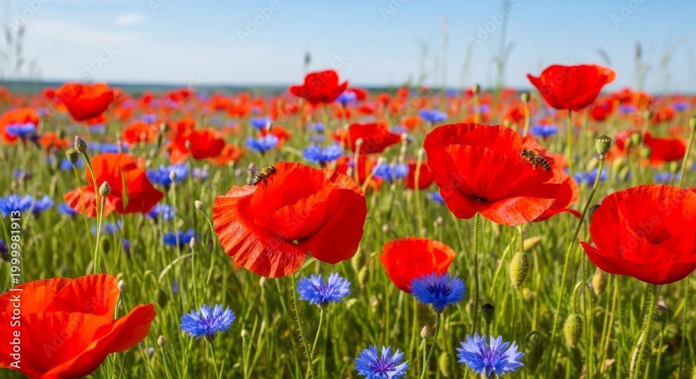 Fototapeta premium Bright Red Poppies and Blue Cornflowers Blooming in a Summer Field